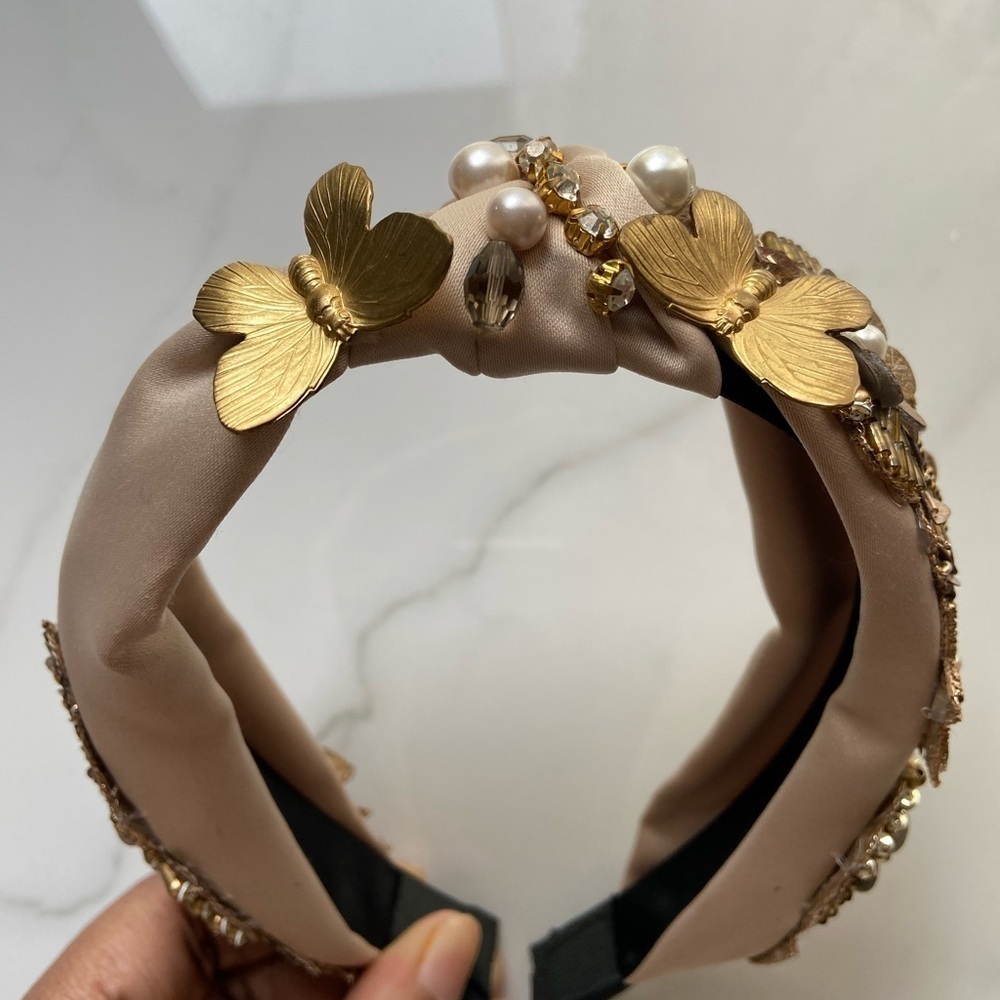 Gold Butterfly Floral Faux Pearl Turban Headband
